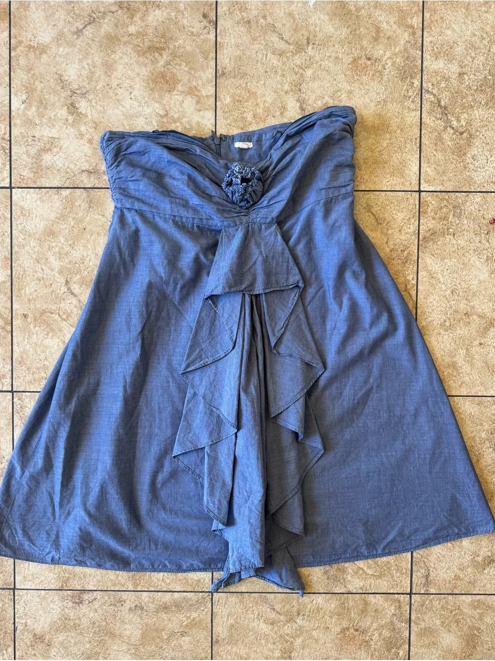 J. Crew 100& Cotton Strapless Blue Ruffle Front Dress